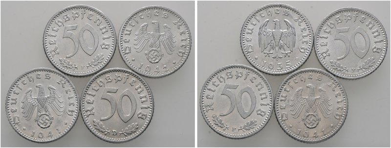 Drittes Reich. Lot (4 Stücke): 50 Reichspfennig 1935 F, 1941 D und F sowie 1942 ...