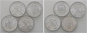 Drittes Reich. Lot (4 Stücke): 50 Reichspfennig 1935 F, 1941 D und F sowie 1942 F (J. 368, 372).
Prachtexemplare, fast Stempelglanz