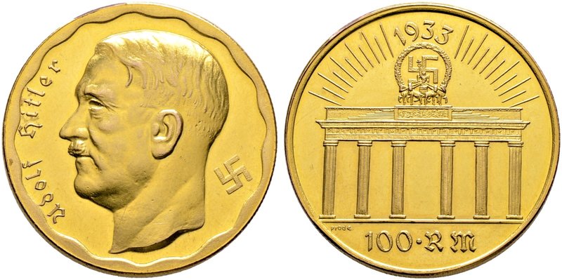 Drittes Reich. Goldmedaille 1933 unsigniert. Fantasieprägung zu 100 Reichsmark. ...
