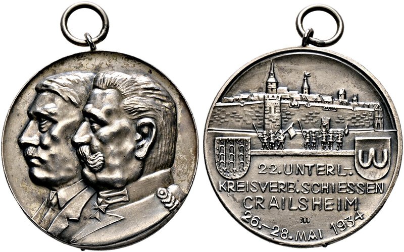 Drittes Reich. Tragbare, mattierte Silbermedaille 1934 unsigniert, auf das 22. U...