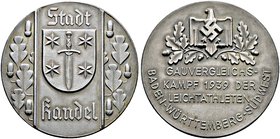 Drittes Reich. Zinkmedaille 1939 unsigniert, auf den in der Stadt Kandel stattfindenden Gauvergleichskampf der Leichtathleten Baden-Württemberg-Südwes...
