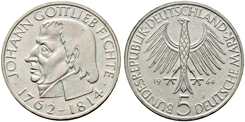 Bundesrepublik Deutschland. 5 Deutsche Mark 1964 J. Fichte. J. 393.
Polierte Pla...