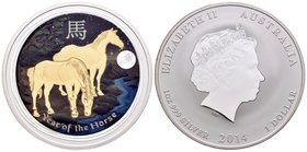 Australia. Elizabeth II. 1 dollar. 20114. (Km-no cita). Ag. 31,10 g. Coloured Edition. Year of the Horse. Tirada de 100 piezas. Con certificado. PR. E...