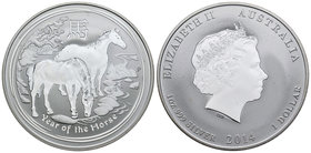 Australia. Elizabeth II. 2 dollars. 2014. P. (Km-2111). Ag. 62,27 g. Año del caballo. PR. Est...50,00.