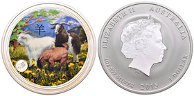 Australia. Elizabeth II. 1 dollar. 2015. (Km-no cita). Ag. 31,10 g. Coloured Edition. Year of the Goat. Tirada de 100 piezas. Con certificado. PR. Est...