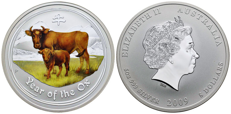 Australia. Elizabeth II. 8 dollars. 2009. P. Ag. 155,52 g. Year of the Ox. Colou...