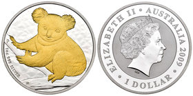 Australia. Elizabeth II. 1 dollar. 2009. Perth. P. (Km-1111a). Ag. 31,11 g. Partial gold plated. Koala. Con certificado. PR. Est...35,00.