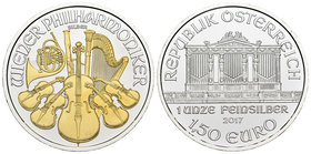 Austria. 1,5 euros. 2017. (Km-3159 variante). Ag. 31,10 g. Partial gold plated. Vienna Philharmonic. Tirada de 1000 piezas. Con certificado. PR. Est.....