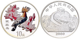 China. 10 yuan. 2000. (Km-1328). Ag. 31,18 g. Bird. Coloured. Con certificado. PR. Est...30,00.