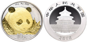 China. 10 yuan. 2018. Ag. 31,11 g. Partial gold plated. Panda. PR. Est...50,00.