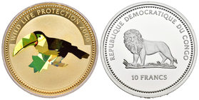 Congo. 10 francos. 2000. (Km-55). Ag. 25,45 g. Coloured hologram. Toucan. PR. Est...35,00.