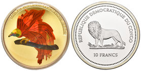 Congo. 10 francos. 2004. (Km-150). Ag. 25,00 g. Coloured hologram. Bird of paradise. PR. Est...40,00.