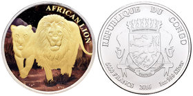 Congo. 5000 francos. 2016. Ag. 31,11 g. African Lion. Coloured. Tirada de 100 piezas. Con certificado de autenticidad. UNC. Est...60,00.