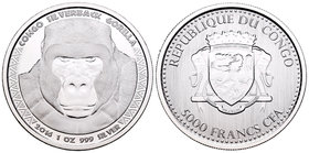 Congo. 5000 francos CFA. 2016. Ag. 31,11 g. Gorila. PR. Est...30,00.