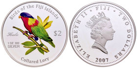 Fiji. Elizabeth II. 2 dollars. 2007. Ag. 28,28 g. Birds of the Fiji Islands. Coloured. PR. Est...35,00.