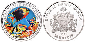 Gambia. 50 bututs. 1997. (Km-60). Ag. 25,06 g. Coloured Edition. Marine - Life Protection. PR. Est...45,00.