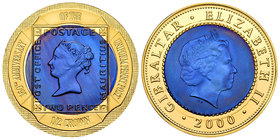 Gibraltar. Elizabeth II. 1/2 corona. 2000. (Km-883). 11,00 g. 160th Anniversary of the Postal Service Bi-Metallic titanium (2g) & gold (9g). Tirada de...