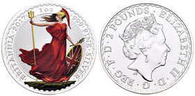 United Kingdom. Elizabeth II. 2 libras. 2017. JC. Ag. 31,11 g. Britannia. Coloured. Tirada de 2500 piezas. Con certificado. UNC. Est...40,00.