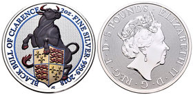 United Kingdom. Elizabeth II. 5 libras. 2018. JC. Ag. 62,32 g. Black Bull of Clarence. Coloured. PR. Est...90,00.