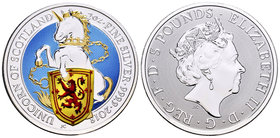 United Kingdom. Elizabeth II. 5 libras. 2018. JC. Ag. 62,22 g. Unicorn of Scotland. Coloured. PR. Est...90,00.
