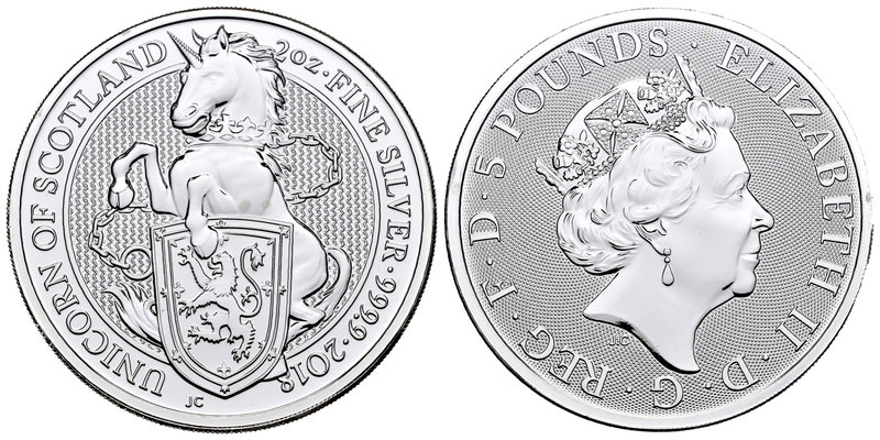 United Kingdom. Elizabeth II. 5 libras. 2018. Ag. 62,22 g. Unicorn of Scotland. ...