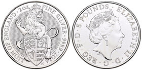 United Kingdom. Elizabeth II. 5 libras. 2018. JC. Ag. 62,22 g. Lion of England. PR. Est...80,00.