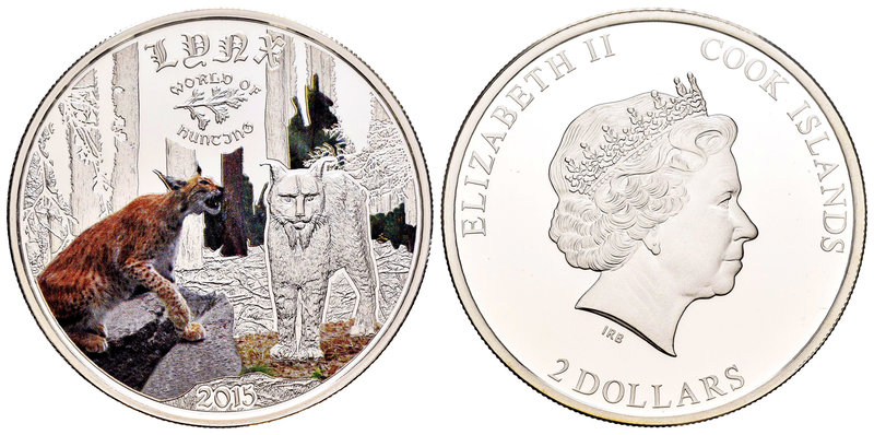 Cook Islands. Elizabeth II. 2 dollars. 2015. (Km-1691). Ag. 15,55 g. Lynx colour...
