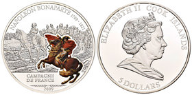 Cook Islands. Elizabeth II. 5 dollars. 2009. (Km-no cita). Ag. 31,11 g. Napoleon Bonaparte coloured. Tirada de 1000 piezas. Con certificado. PR. Est.....
