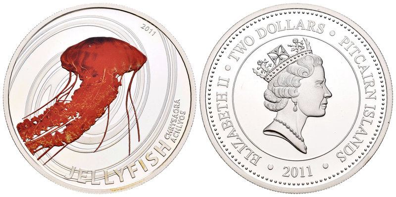 Pitcairn Islands. 2 dollars. 2011. (Km-72). Ag. 15,50 g. Coloured jellyfish. Tir...