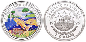 Liberia. 5 dollars. 1999. (Km-no cita). Ag. 25,10 g. Coloured Edition. Marine - Life Protection. PR. Est...45,00.