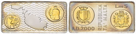 Malta. 5 liras. 2000. (Km-114). Ag. 15,00 g. Millenium. 40 x 20 mm. PR. Est...25,00.