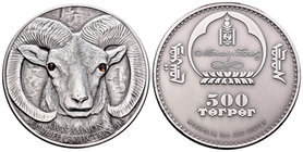 Mongolia. 500 tugrik. 2013. (Km-326). Ag. 31,11 g. Antique finish. Goat with crystal eyes. UNC. Est...30,00.
