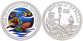 Palau. 5 dollars. 1992. (Km-2). Ag. 24,88 g. Coloured Edition. Year of Marine - Life Protection. Tirada de 6000 piezas. PR. Est...45,00.