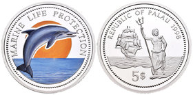 Palau. 5 dollars. 1998. (Km-27). Ag. 25,01 g. Coloured Edition. Marine - Life Protection. PR. Est...45,00.