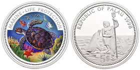 Palau. 5 dollars. 1998. (Km-32). Ag. 25,01 g. Coloured Edition. Marine - Life Protection. PR. Est...45,00.