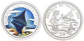 Palau. 5 dollars. 1999. (Km-37). Ag. 24,93 g. Coloured Edition. Marine - Life Protection. PR. Est...45,00.