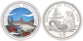 Palau. 5 dollars. 1999. (Km-46). Ag. 24,93 g. Coloured Edition. Marine - Life Protection. PR. Est...45,00.