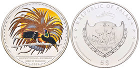 Palau. 5 dollars. 2009. Ag. 25,00 g. Proteccion of Nature, The Bird of Paradise. Coloured. Con certificado. PR. Est...35,00.
