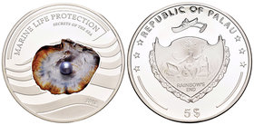 Palau. 5 dollars. 2016. Ag. 25,00 g. Secrets of the Sea. Partial coloured and featuring a silver-blue freshwater pearl. PR. Est...65,00.