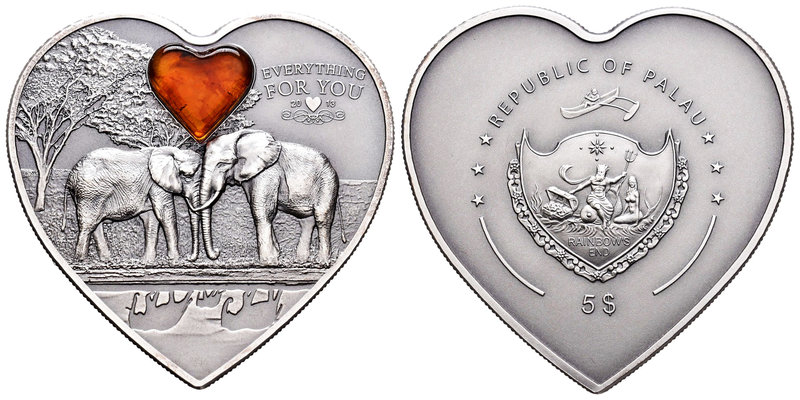Palau. 5 dollars. 2013. Ag. 31,11 g. Lucky Elephants. Mineral Art Amber. Antique...