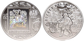 Poland. 10 zlotych. 2008. (Km-Y655). Ag. 14,14 g. 450 aniversario del correo postal polaco. Hologram. PR. Est...25,00.