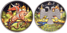 Russia. 3 rublos. 2009. Ag. 31,11 g. Coloured Edition. Saint George. Con caja y certificado. PR. Est...50,00.
