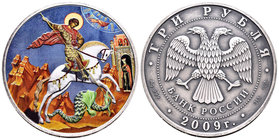 Russia. 3 rublos. 2009. Ag. 31,11 g. Coloured Edition. Saint George. Con caja y certificado. PR. Est...50,00.