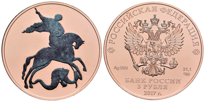 Russia. 3 rublos. 2010. Ag. 31,11 g. Coloured Edition. Saint George. Con caja y ...