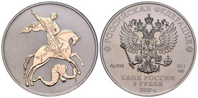 Russia. 3 rublos. 2010. Ag. 31,11 g. Coloured Edition. Saint George. Con caja y certificado. PR. Est...50,00.