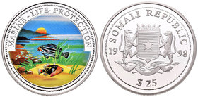 Somalia. 25 dollars. 1998. (Km-no cita). Ag. 24,88 g. Coloured Edition. Marine - Life Protection. PR. Est...45,00.