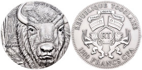 Togo. 1500 francos CFA. 2012. (Km-95). Ag. 62,20 g. Bison d´Europe, with two Swarovski elements in the eyes. Tirada de 999 piezas. Con certificado. PR...