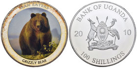 Uganda. 100 shillings. 2010. Ag. 49,80 g. Coloured Edition. Grizzly. PR. Est...50,00.