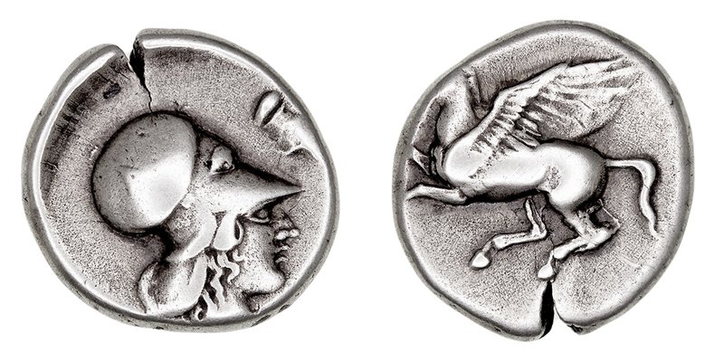 Corinto
Estátera. AR. (405-350 a.C.). A/Cabeza con casco de Atenea a der., dela...