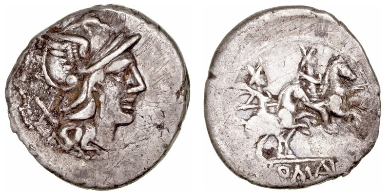 Anónimo
Denario. AR. (200-190 a.C.). A/Cabeza de Roma a der., detrás X. R/Los D...